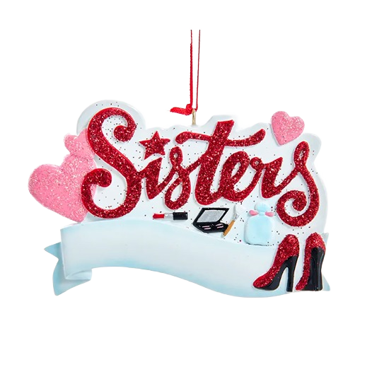 Red glitter "Sisters" ornament decorated with hearts, makeup, and high heel shoes for Christmas tree decoration under $50 collections