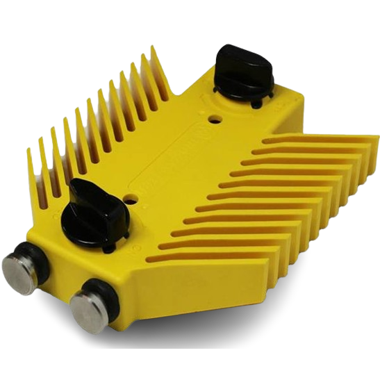 Yellow universal featherboard with adjustable knobs and strong magnets for saw and power tool accessories collection
