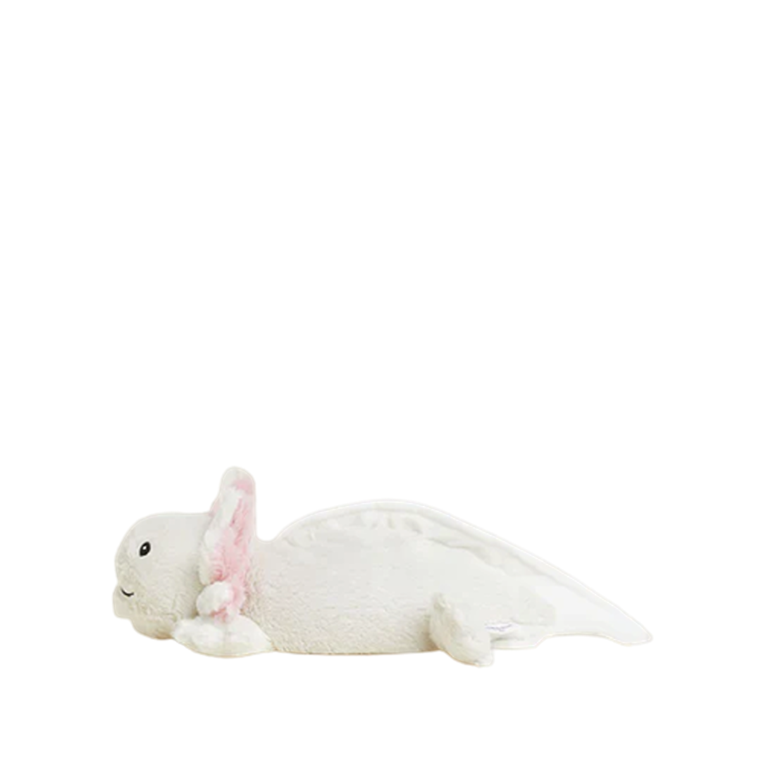 White microwavable plush axolotl with soft pink accents for soothing warmth and comfort