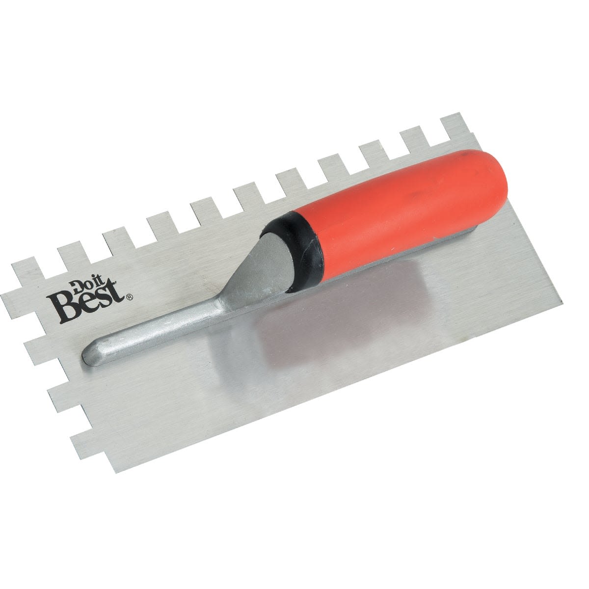 Tempered steel square notched trowel with ergonomic orange handle for flooring, gardening, and woodworking hand tool tasks under $50