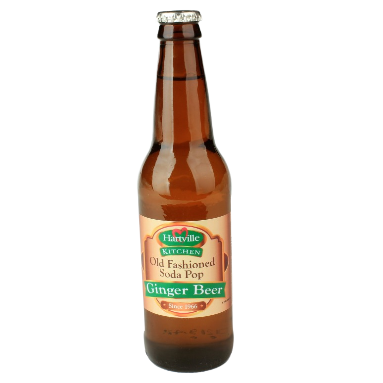 Brown glass bottle of ginger beer soda with classic Hartville Kitchen label and silver cap for refreshment