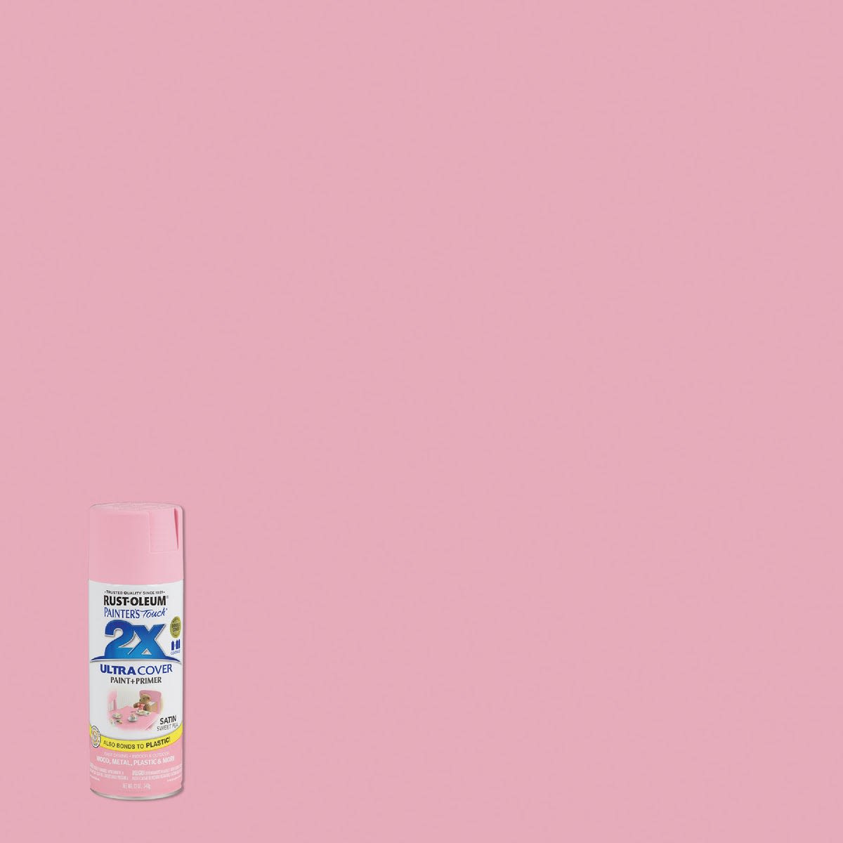 Rust-Oleum 2X Sweet Pea satin spray paint can with matching pink painted background in paint & supplies collection