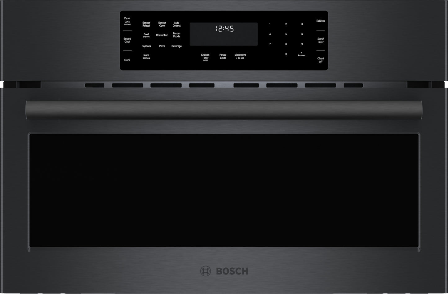 Black stainless steel speed oven with digital control panel and LED display in modern kitchen appliances collection