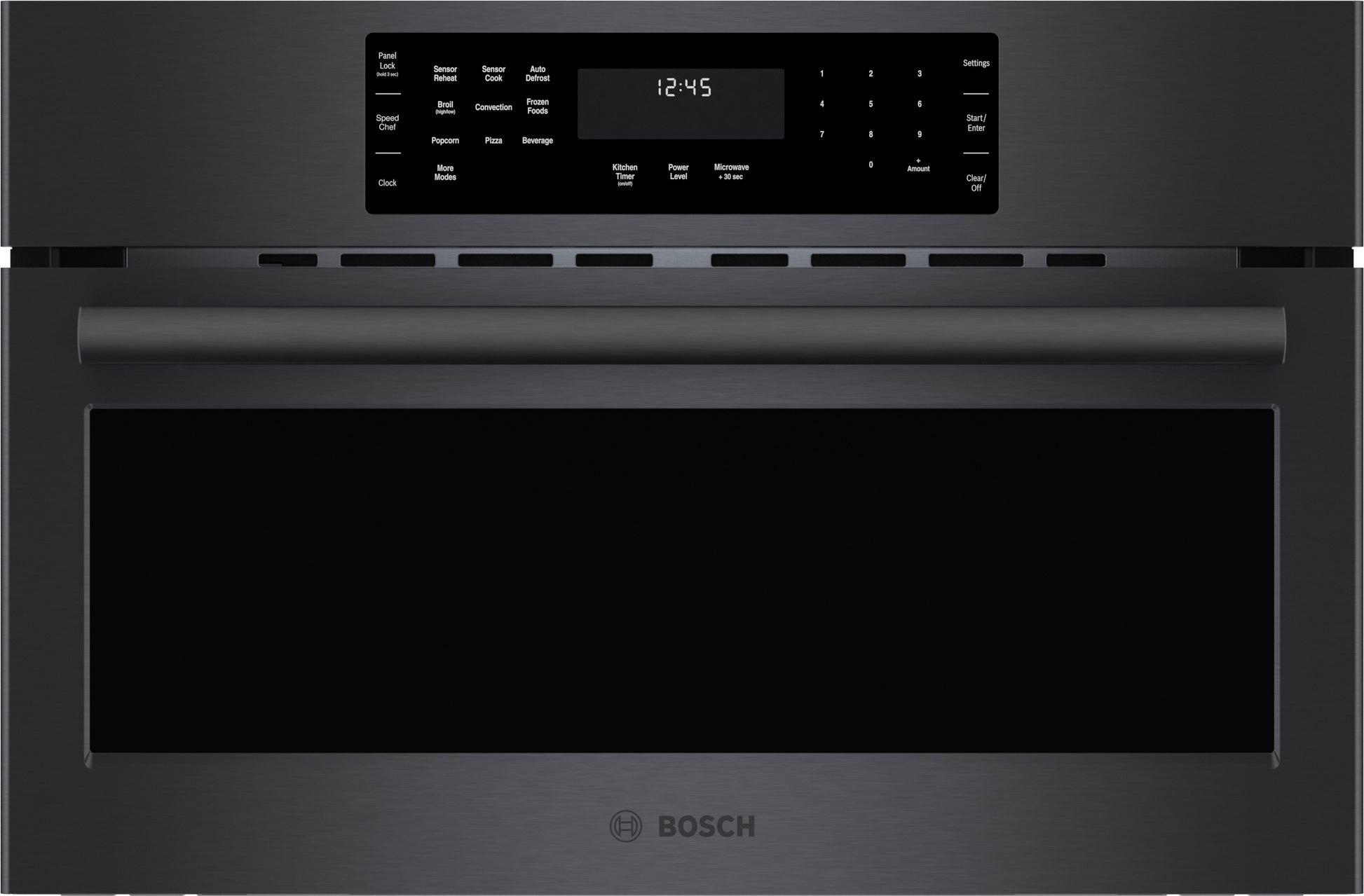Black stainless steel speed oven with digital control panel and LED display in modern kitchen appliances collection