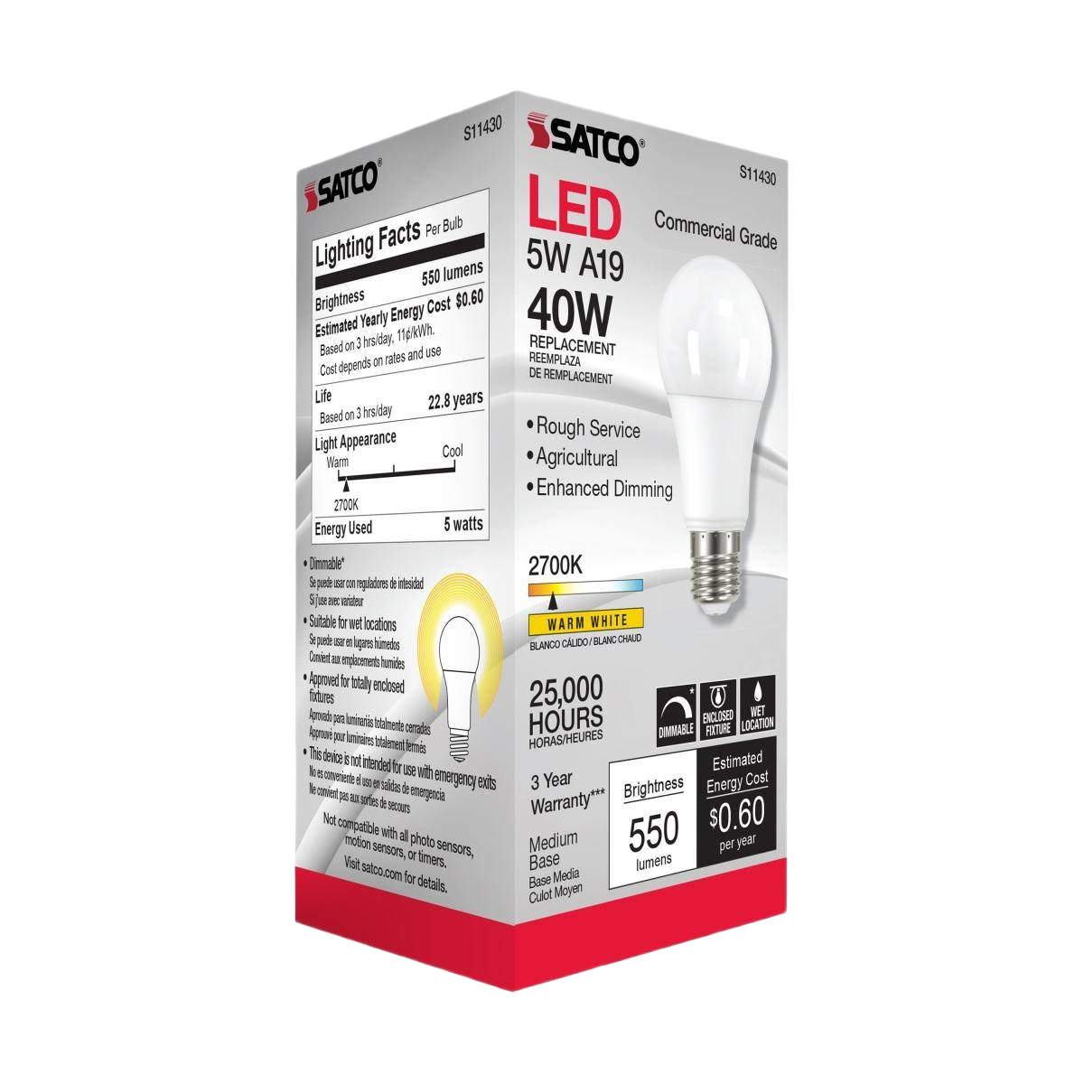 Commercial-grade 5 watt A19 LED bulb with warm white light, dimmable, ideal for agricultural and rough service use under $50.