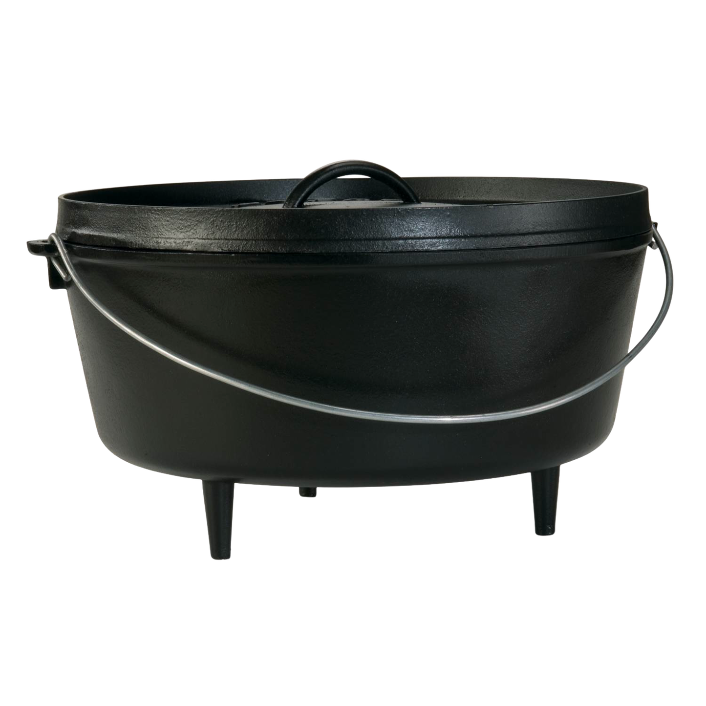 Oval black cast iron camp Dutch oven with lid, built-in legs, and metal bail handle in kitchenware collection