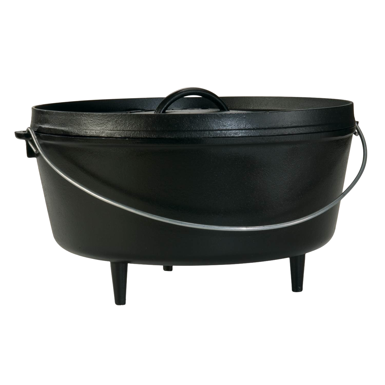Oval black cast iron camp Dutch oven with lid, built-in legs, and metal bail handle in kitchenware collection