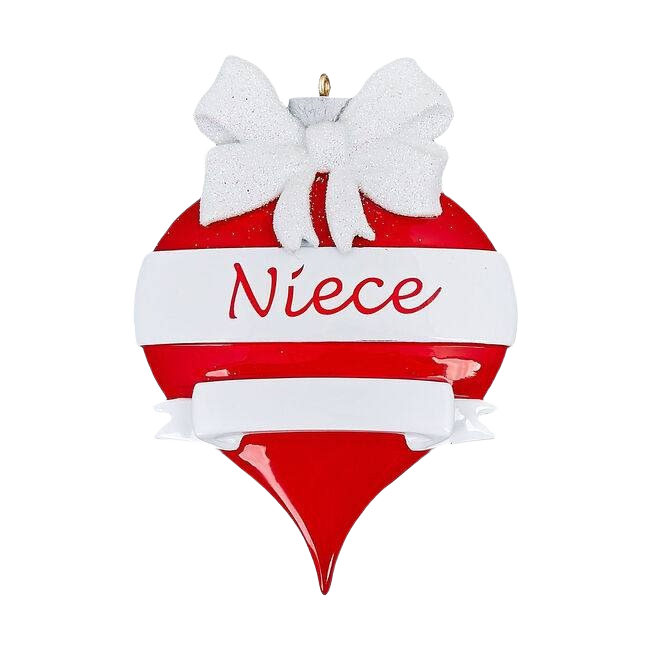 Red and white teardrop ornament with a white bow and "Niece" text for Christmas Ornaments & Tree Decorations collection