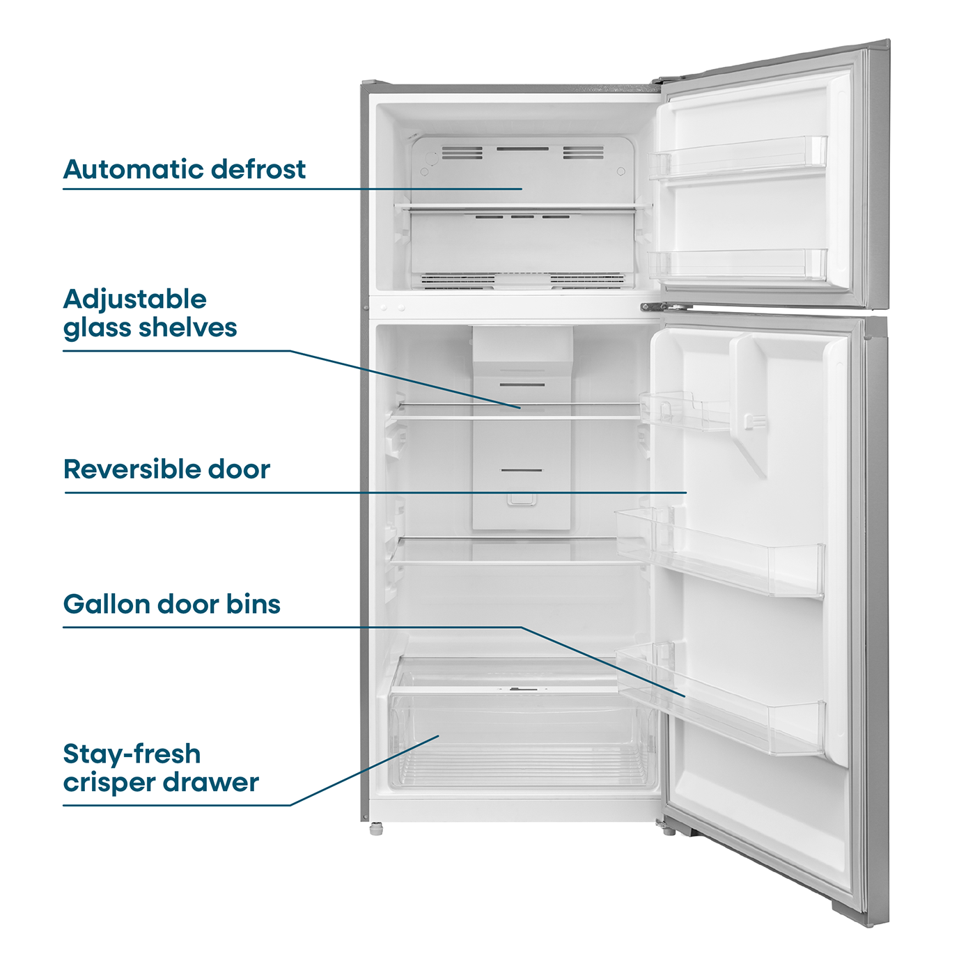 Open stainless steel top freezer refrigerator showing adjustable shelves, gallon bins, and stay-fresh crisper drawer from appliances collection