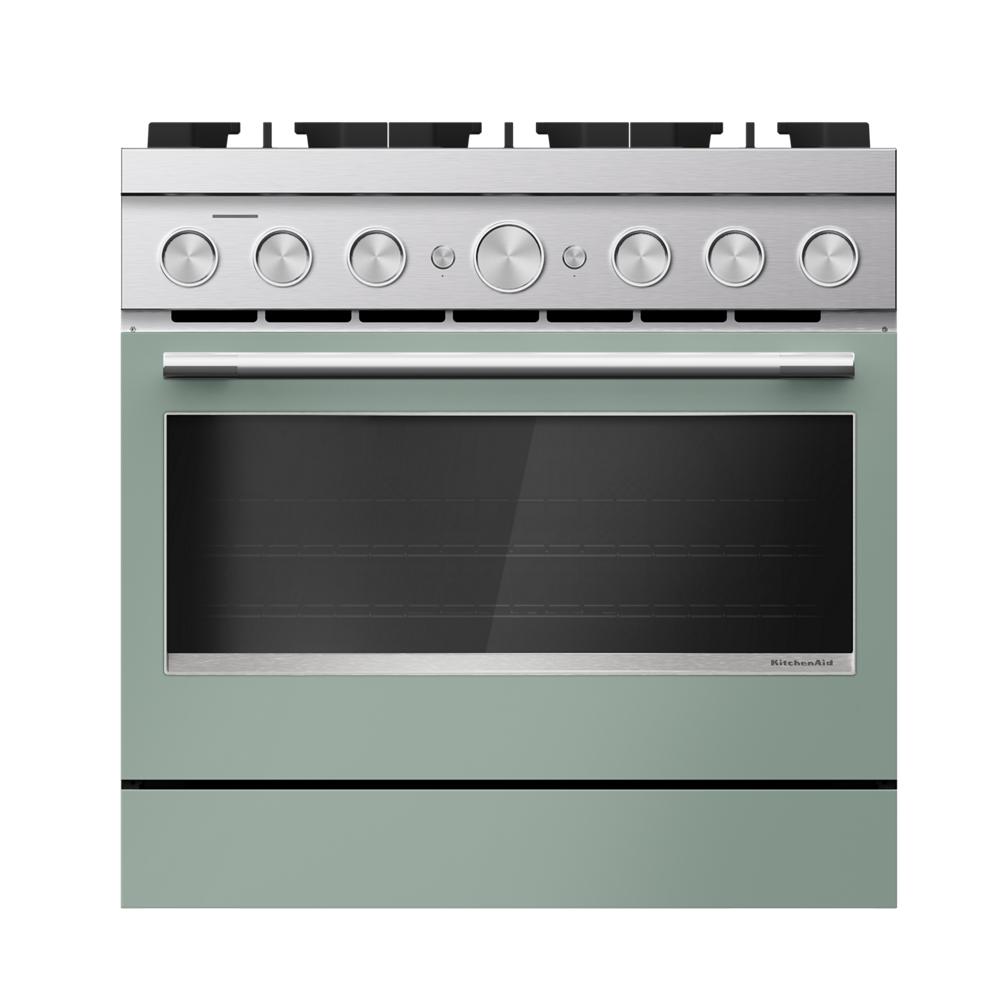 Front view of green dual fuel range with six burners and stainless steel accents from KitchenAid Ranges collection