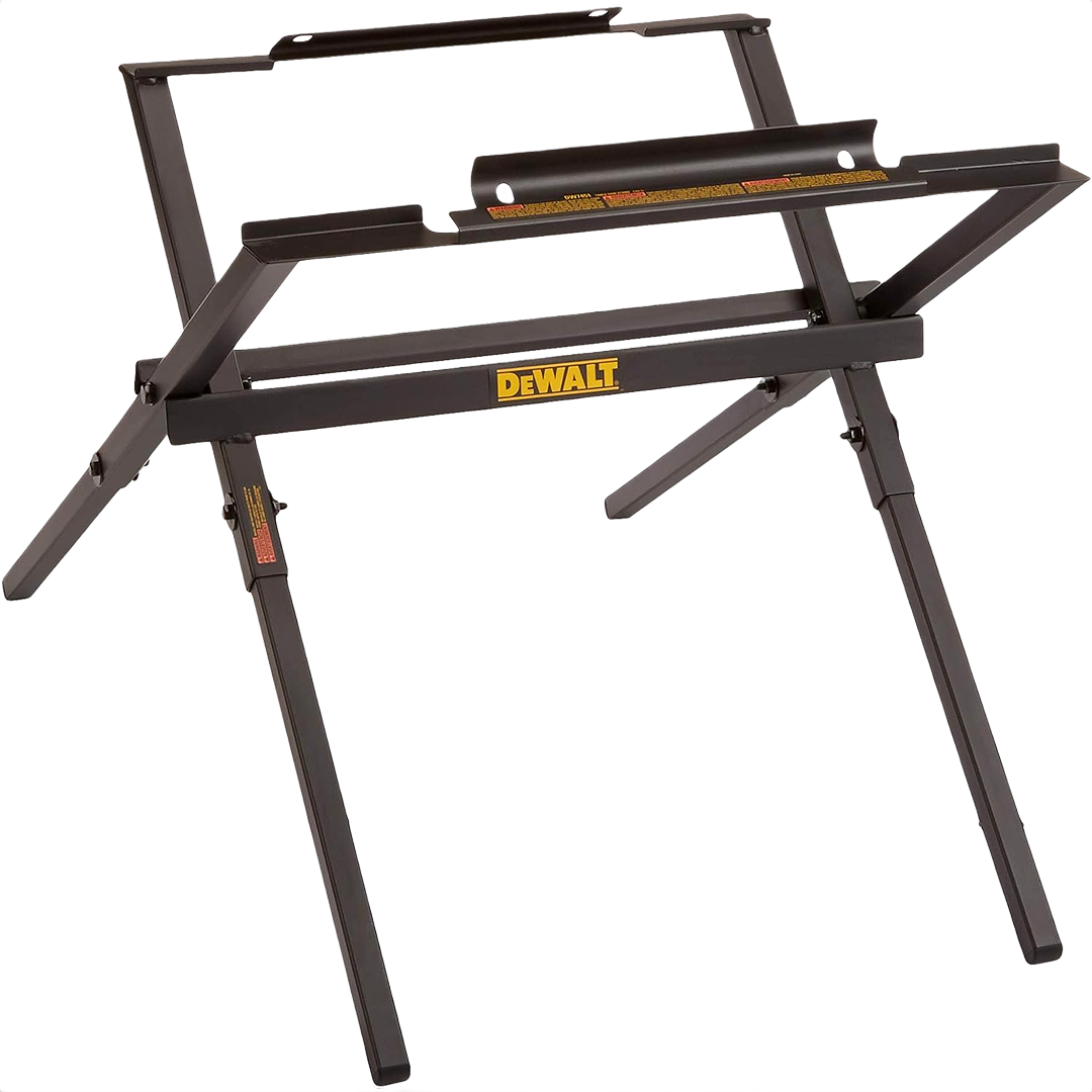 Black folding metal stand with yellow DEWALT logo designed for supporting compact table saws in home improvement tasks
