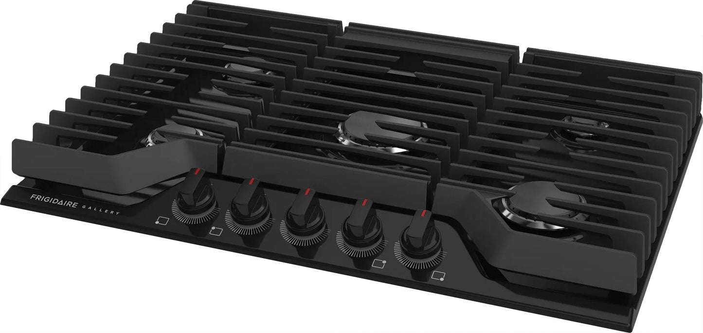 Black 30-inch gas cooktop featuring five burners with continuous cast iron grates for versatile cooking in kitchen appliances.