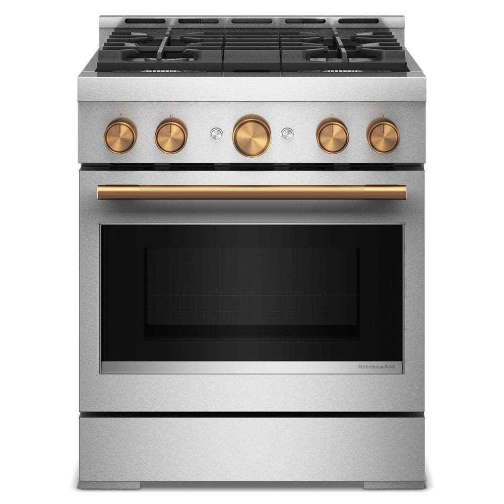 Front view of stainless steel commercial-style gas range with bronze knobs and handle from Ranges & Kitchenware collections