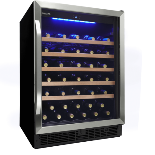24" single zone wine cellar with stainless steel trim, wooden shelves, blue interior lighting in kitchen appliances collection