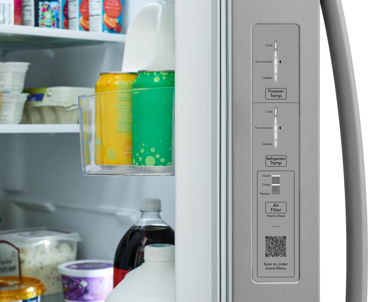 Close-up of stainless steel refrigerator door interior showing beverage cans in door rack and control panel with temperature and air filter settings, part of Side-by-Side Refrigerators, Refrigerators, Kitchen & Kitchenware, All Products, and Appliances collections.
