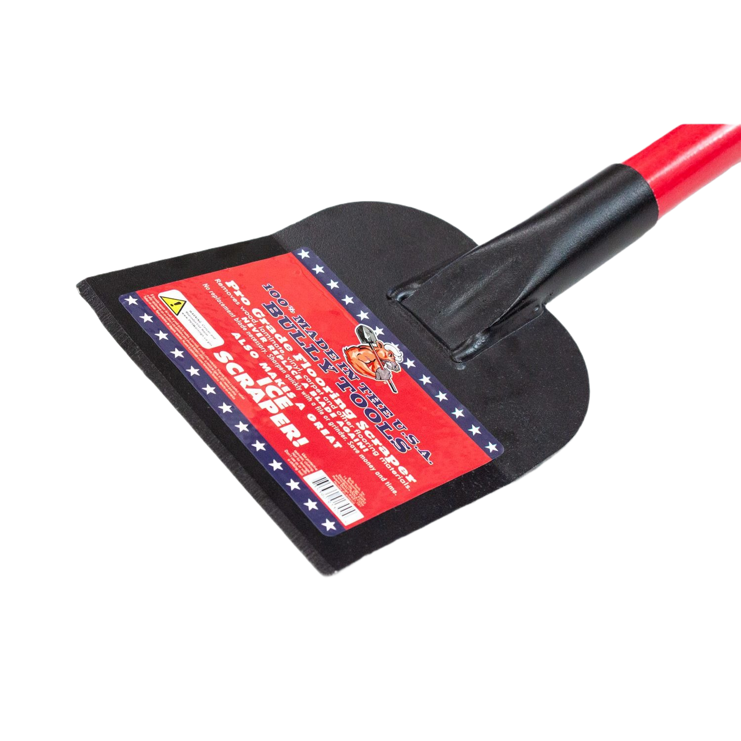 Floor scraper tool with sturdy black blade and long red fiberglass handle designed for home improvement projects