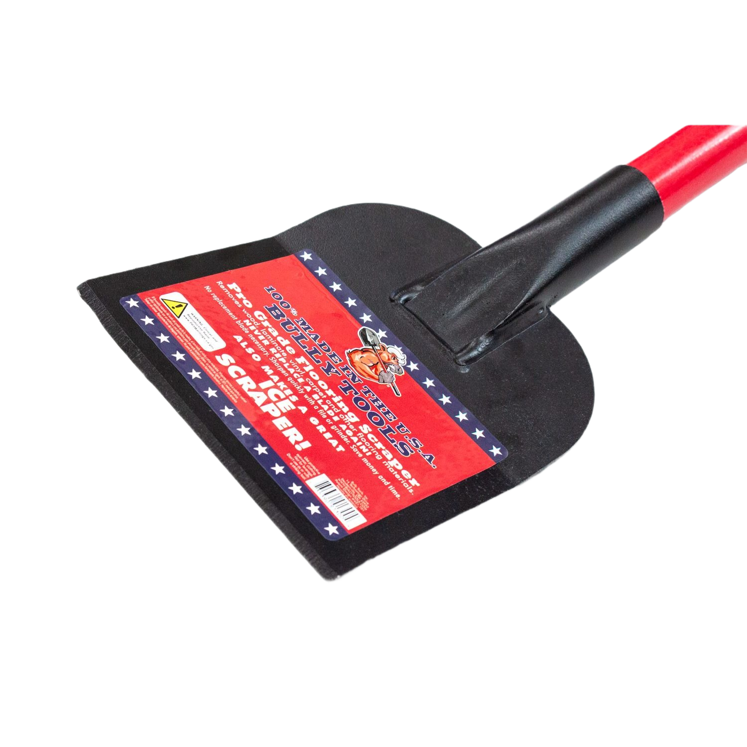 Floor scraper tool with sturdy black blade and long red fiberglass handle designed for home improvement projects