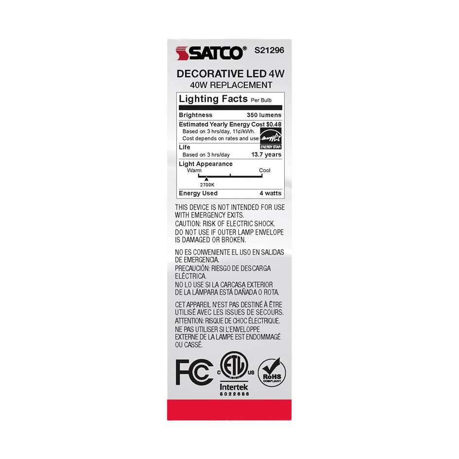 Packaging of Satco 4 watt LED light bulb with energy usage and safety information for home improvement collections
