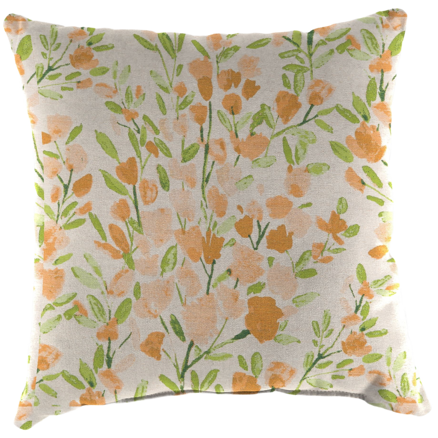 Square toss pillow with orange tulip and green leaf pattern for outdoor living and patio furniture under $100