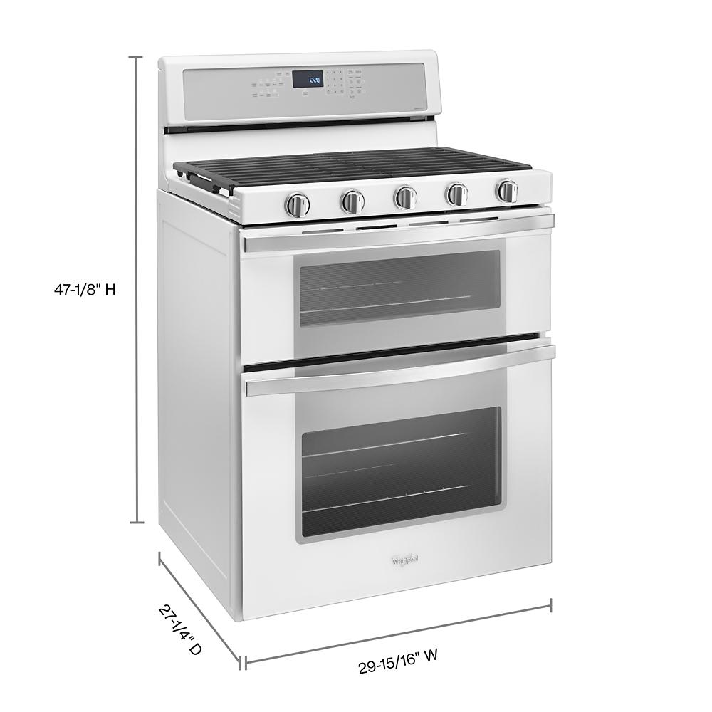 white gas double oven range with five control knobs and digital display in kitchen appliances collection