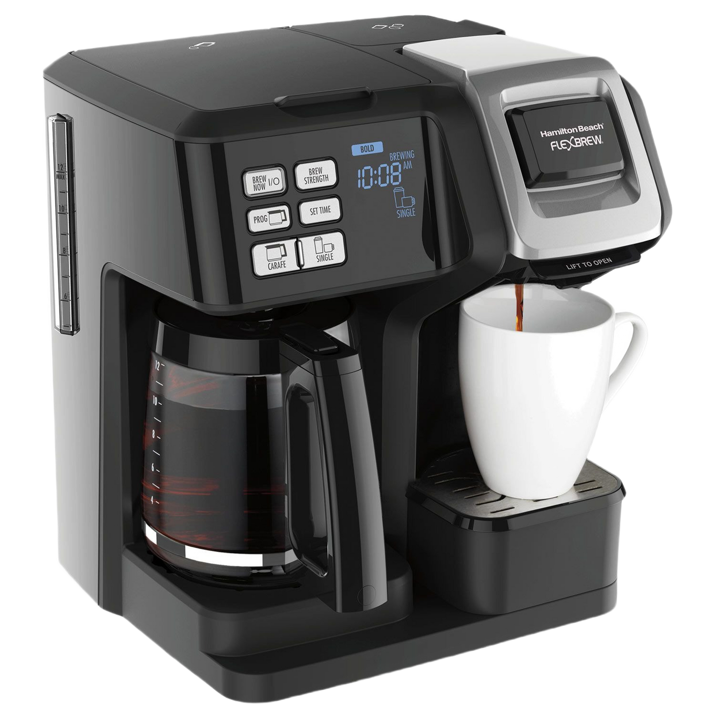 Black and stainless steel coffee maker with dual brewing options and digital display from small kitchen appliances collection