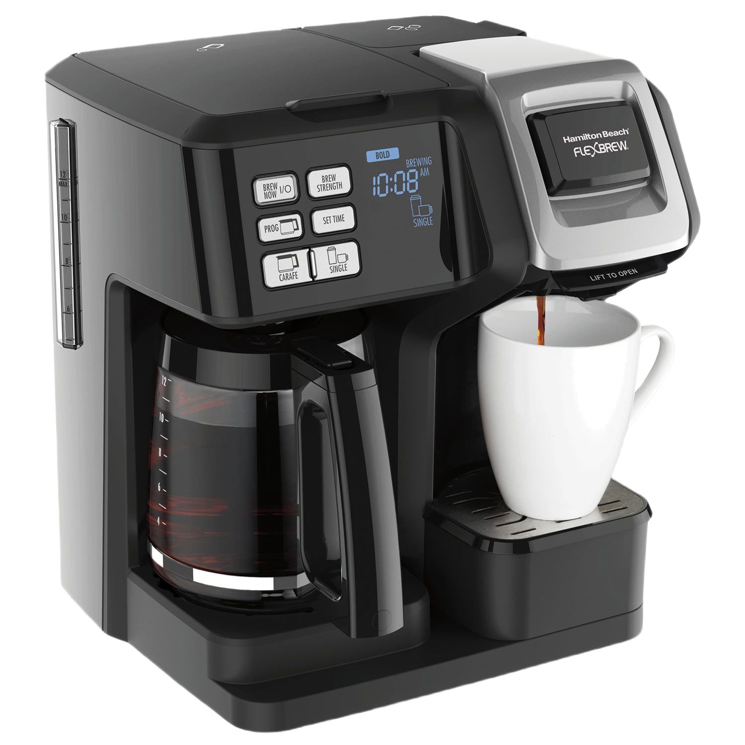 Black and stainless steel coffee maker with dual brewing options and digital display from small kitchen appliances collection