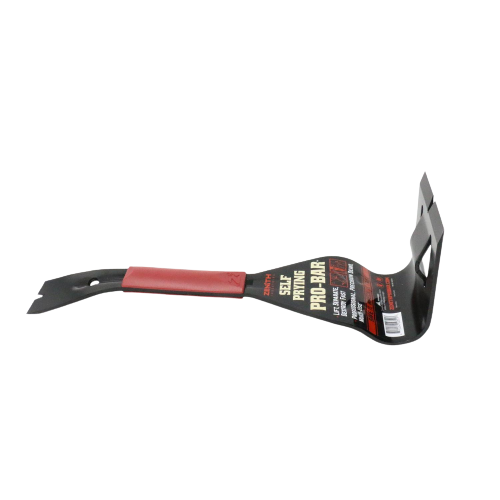 Metal self-prying tool with red grip designed for lifting, scraping, and demolition in home improvement tasks