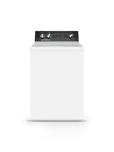 White top load washing machine with control panel featuring multiple cycle and setting dials for laundry tasks