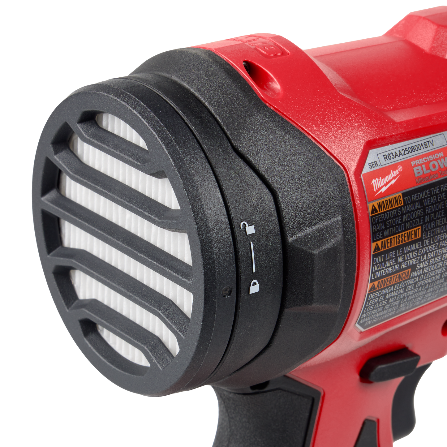 Close-up of a red and black brushless precision blower nozzle with adjustable air flow settings, part of Milwaukee Power Tools at Hartville Hardware for home improvement.