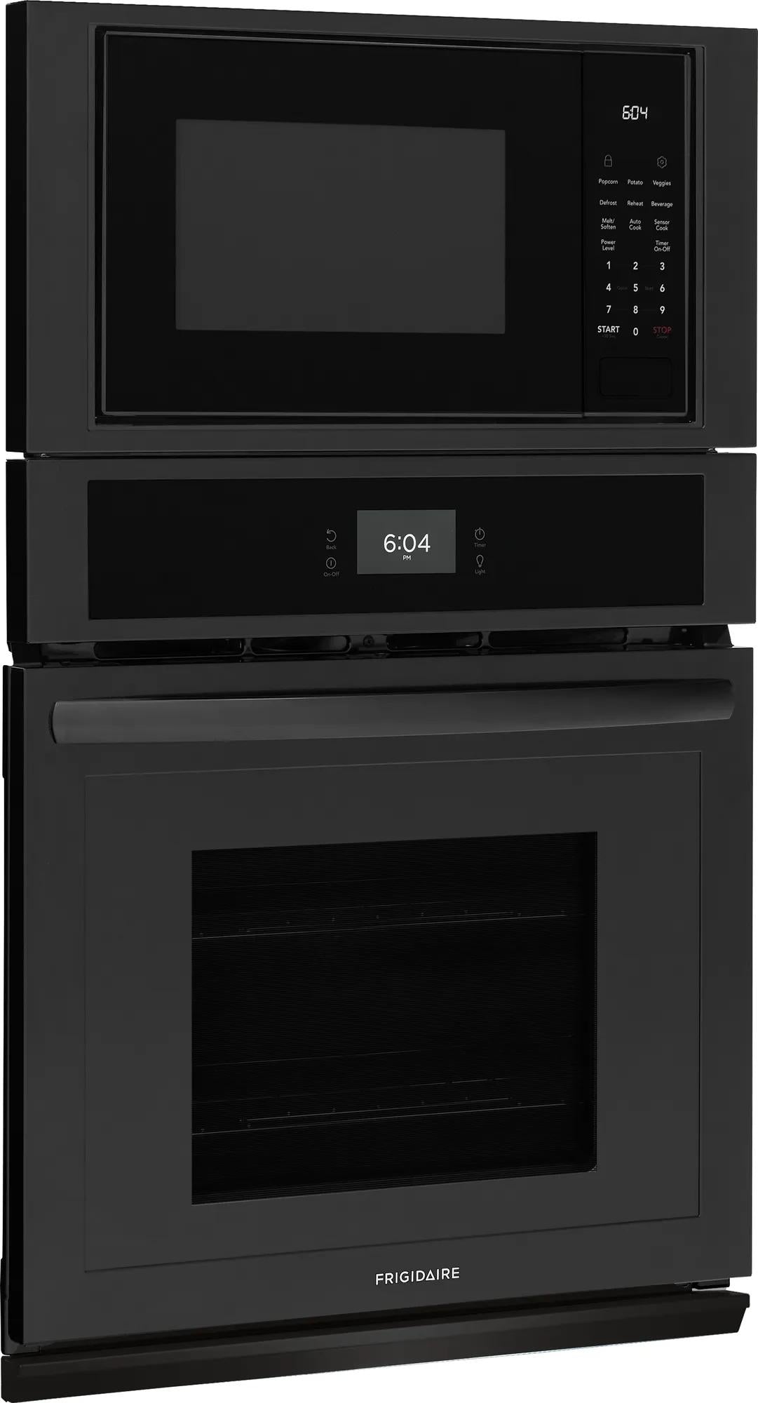 Matte black built-in microwave and electric oven combo with digital displays in modern kitchen appliances collection