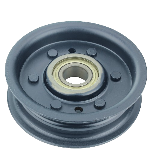 Black metal idler pulley with central bearing for automotive and tractor parts in mechanic and automotive collections