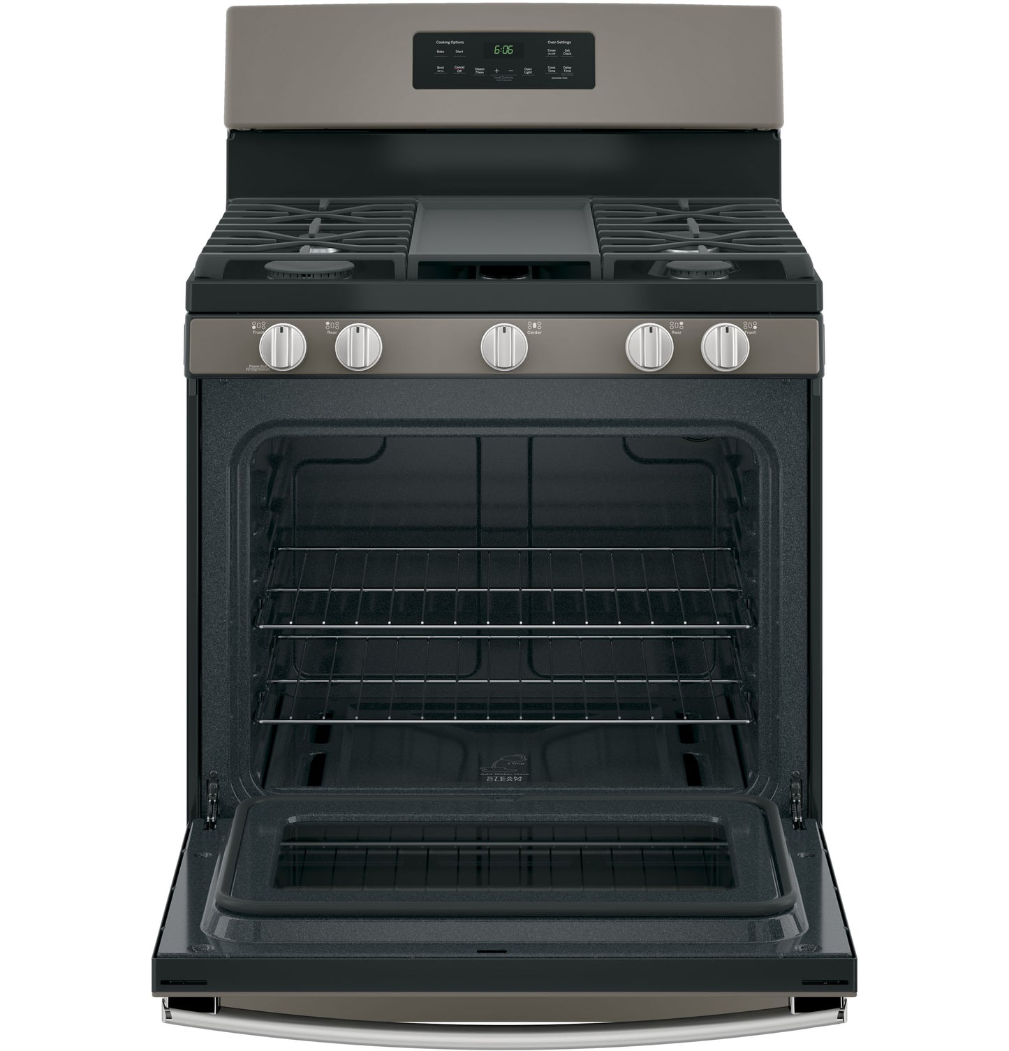 Matte dark stainless steel freestanding gas range with open oven door and five burner cooktop in kitchen appliances collection