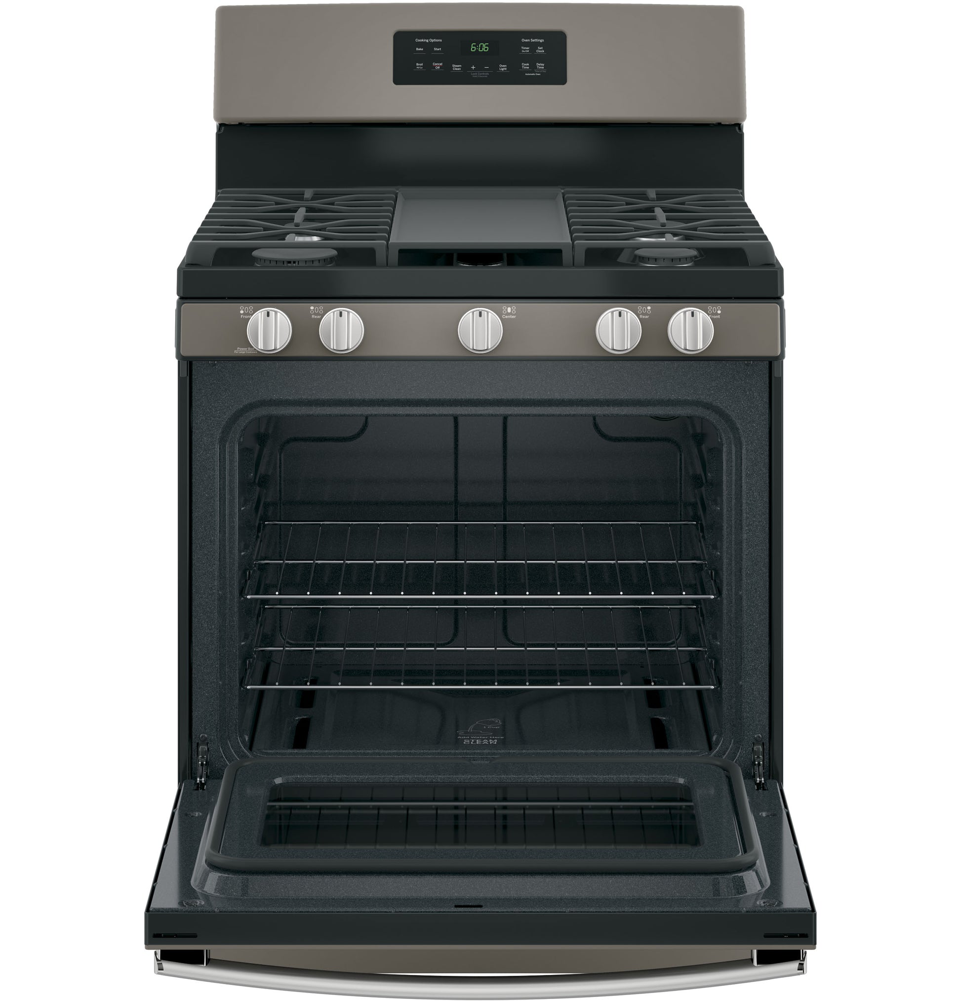Matte dark stainless steel freestanding gas range with open oven door and five burner cooktop in kitchen appliances collection