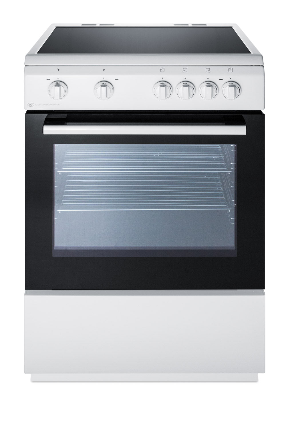 Compact white electric range with smooth ceramic cooktop and glass oven door from the Summit Classic Collection