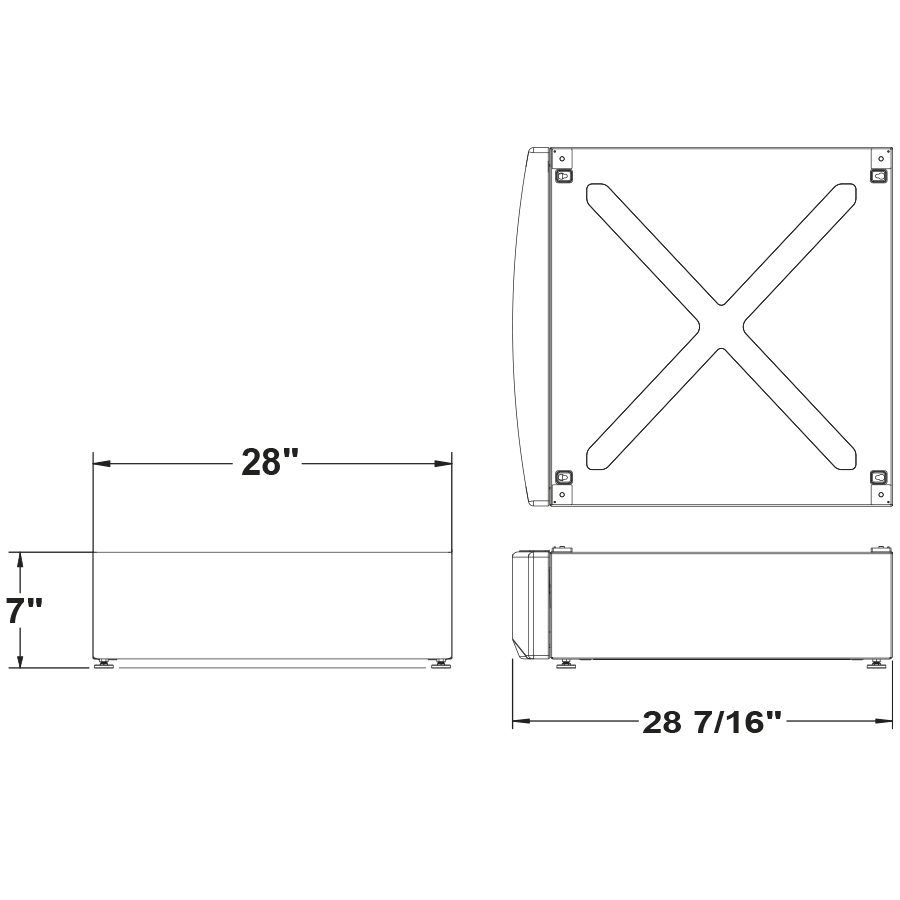 Technical schematic of a 7-inch tall laundry riser with detailed width and depth measurements for appliance parts use