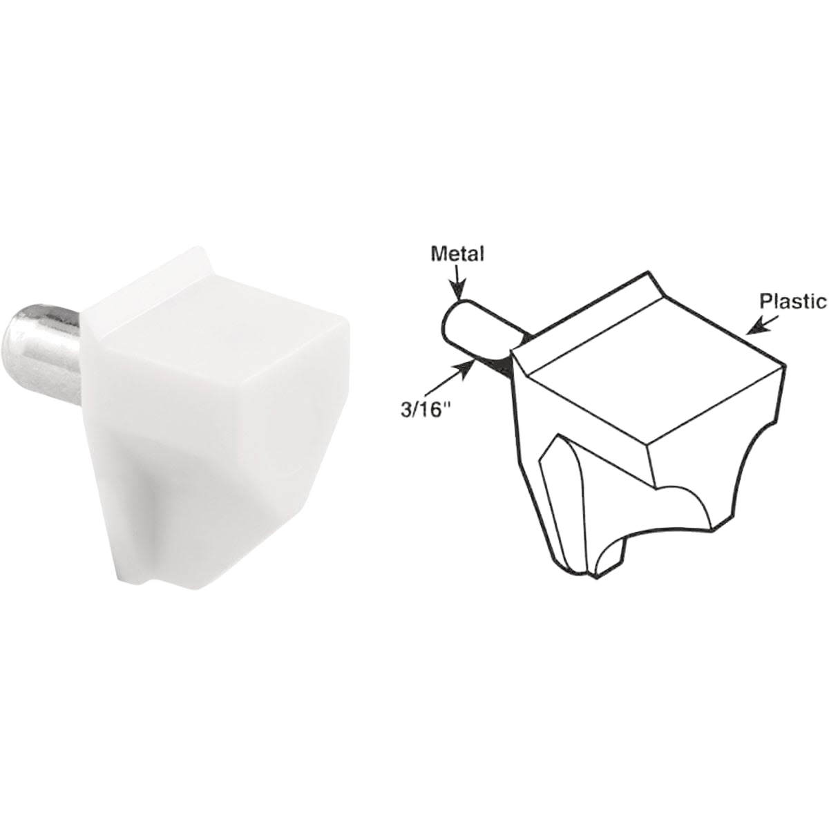 White plastic shelf support with steel pin and technical diagram for shelving brackets and storage organization