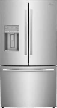 Stainless steel French door refrigerator with external water dispenser and freezer drawer in appliance collections