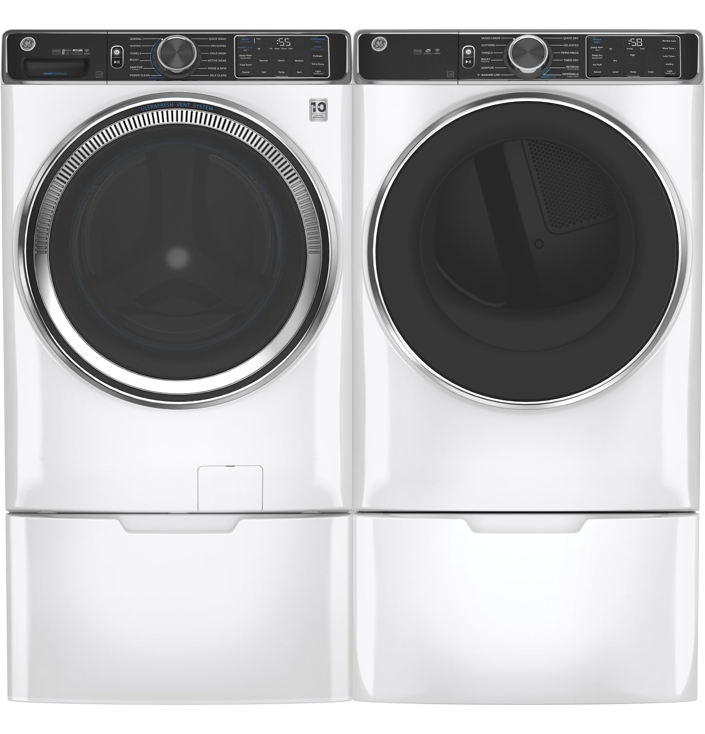 Pair of white front-load washer and dryer appliances on matching pedestals for laundry appliance parts and home improvement