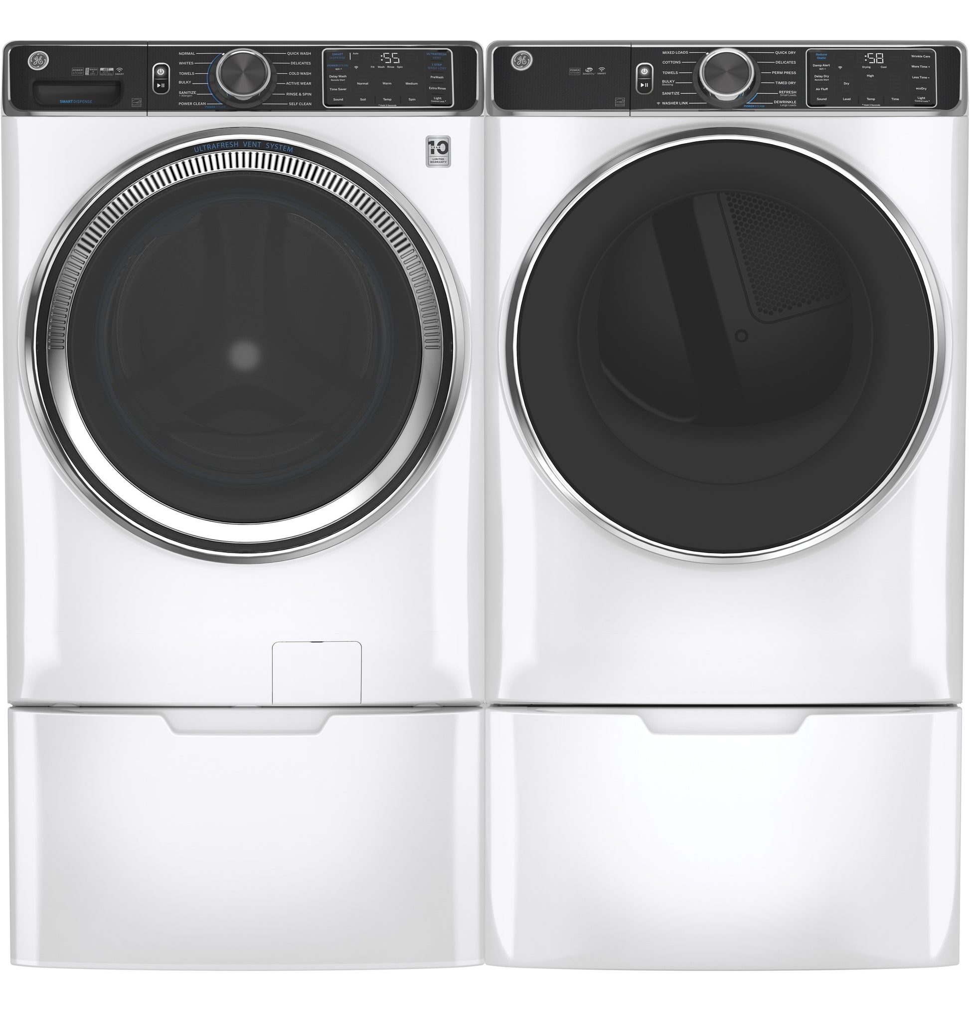 Pair of white front-load washer and dryer appliances on matching pedestals for laundry appliance parts and home improvement