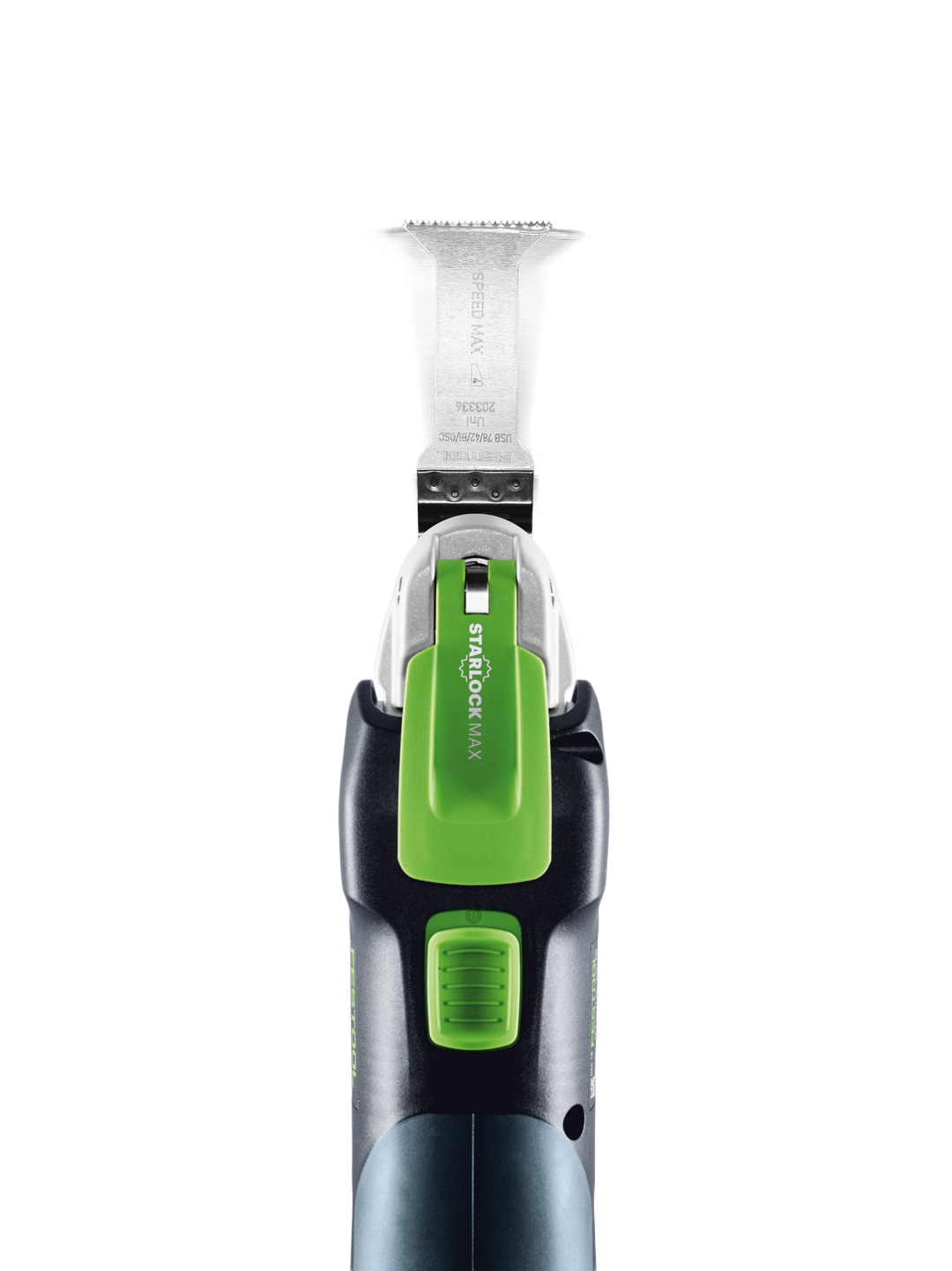 Compact cordless oscillator with green Starlock Max blade attachment for versatile home improvement tasks
