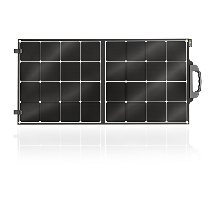 Foldable solar panel with black cells and handle for portable power in tool accessories and batteries collections