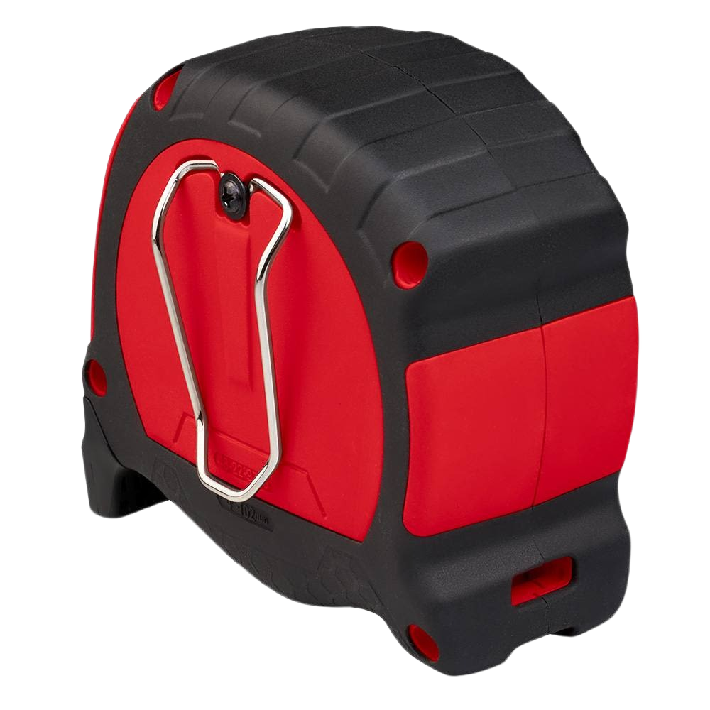 Compact red and black Milwaukee measuring tape with metal belt clip designed for woodworking and home improvement tasks