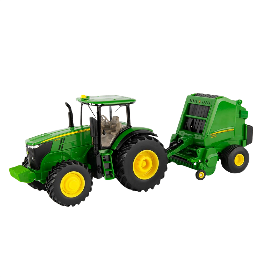 Green toy tractor and baler set with yellow wheels for Vehicles and Remote Controlled Toys collection under $100