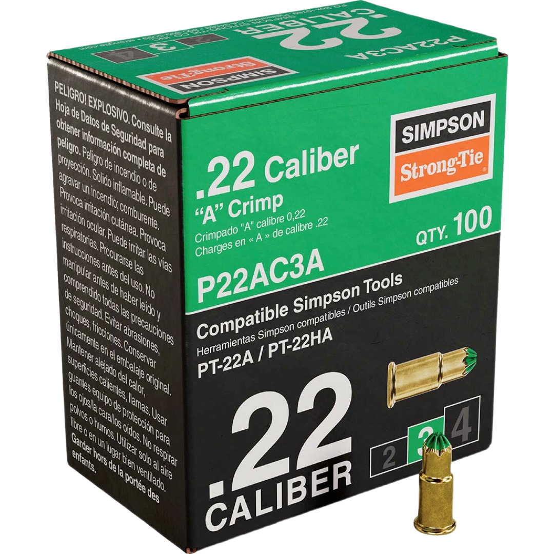 Box of 100 green-tipped .22 caliber single-shot A crimps for compatible Simpson Tools in home improvement use