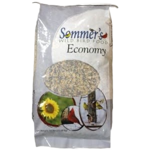 White bag of Sommer's Economy wild bird food blend with bird illustrations for outdoor feeding and home improvement tasks