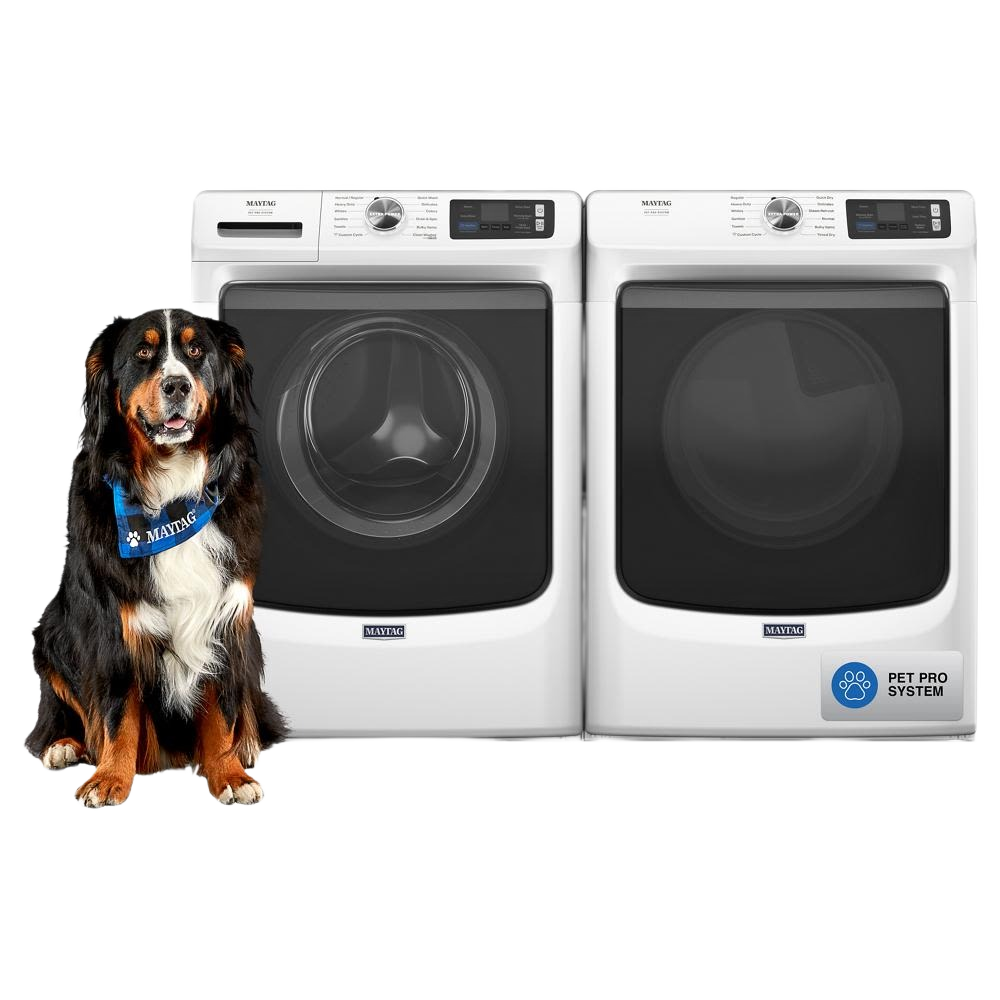 Pair of white front load washer and dryer with digital controls and a sitting dog wearing branded bandana in appliances collection