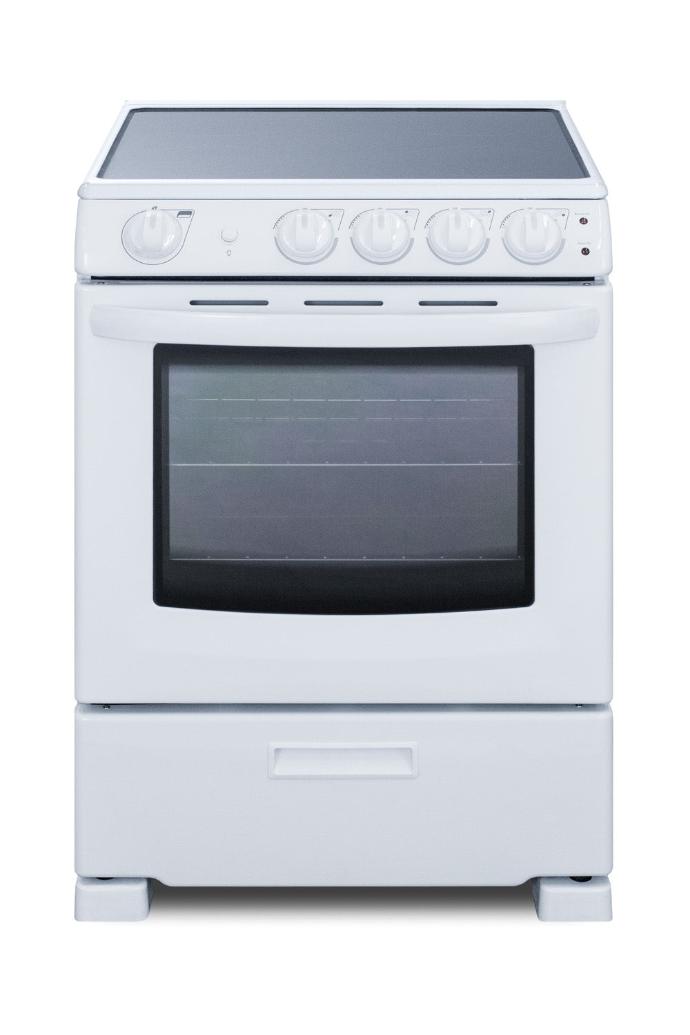 white electric smooth-top range with control knobs and windowed oven door in kitchen appliances collection