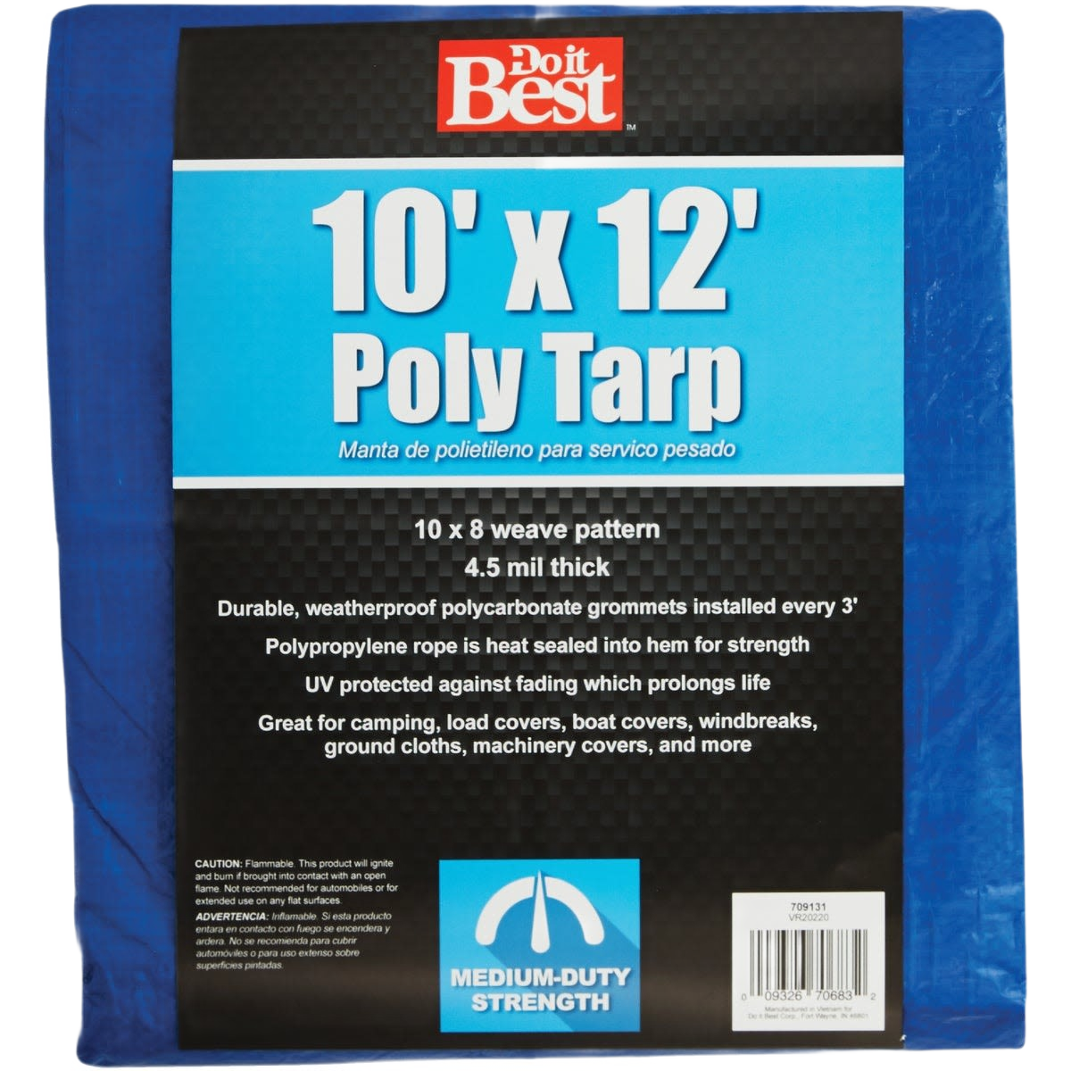 Blue medium-duty poly tarp with durable weatherproof material and reinforced edges for home improvement use