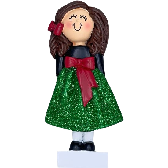 Brunette girl figurine with curly hair in sparkly green dress and red bow for Christmas Ornaments & Tree Decorations under $50 collection
