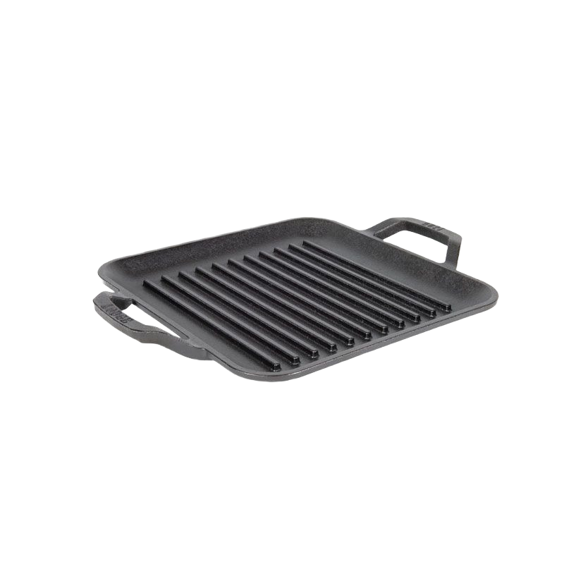 Square cast iron grill pan with raised ridges and dual handles for grilling meats and vegetables in kitchenware collections under $50